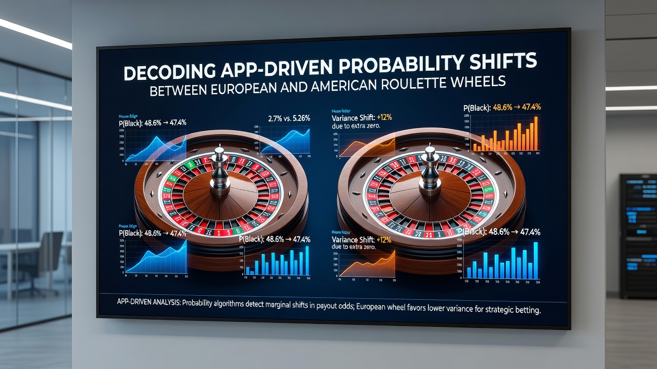 Mobile app interface displaying probability calculations and simulation results for different roulette wheel types