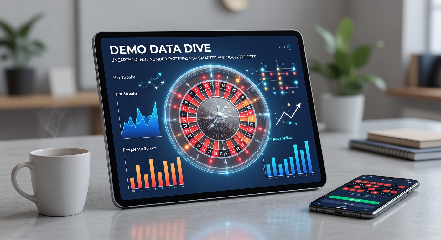 Digital roulette wheel spinning with overlaid data charts highlighting frequency patterns of numbers in demo mode