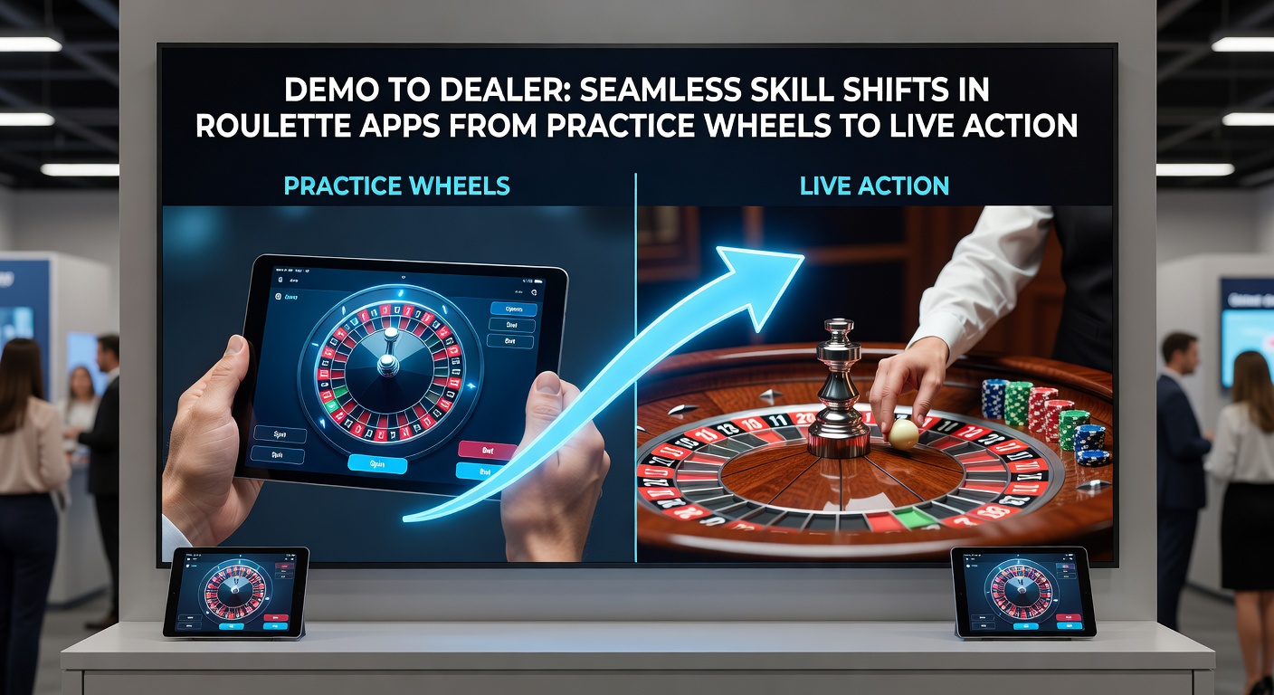 A mobile roulette app screen showing a practice wheel in motion alongside a live dealer table interface, illustrating the seamless transition between demo and real play