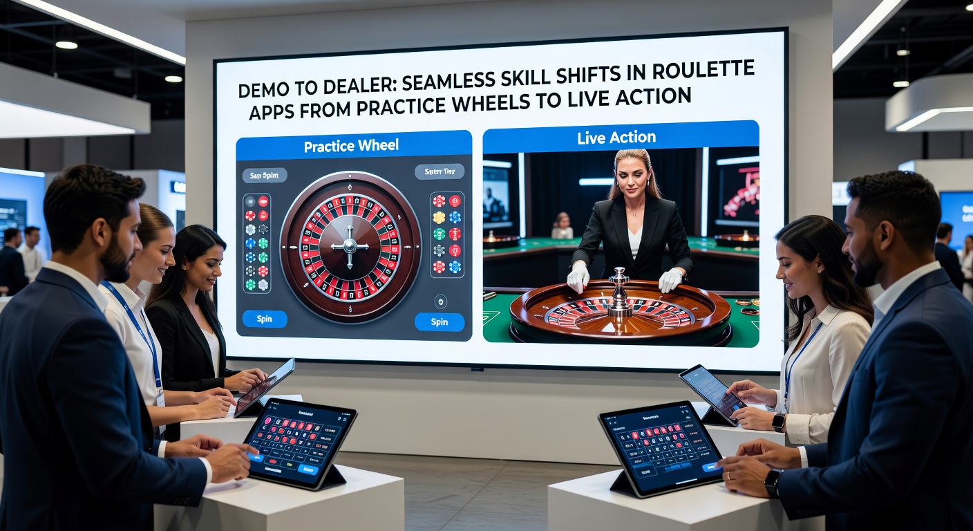 Side-by-side comparison of a demo roulette app interface transitioning to a live dealer video feed, with overlaid skill metrics and bet suggestions highlighting seamless integration