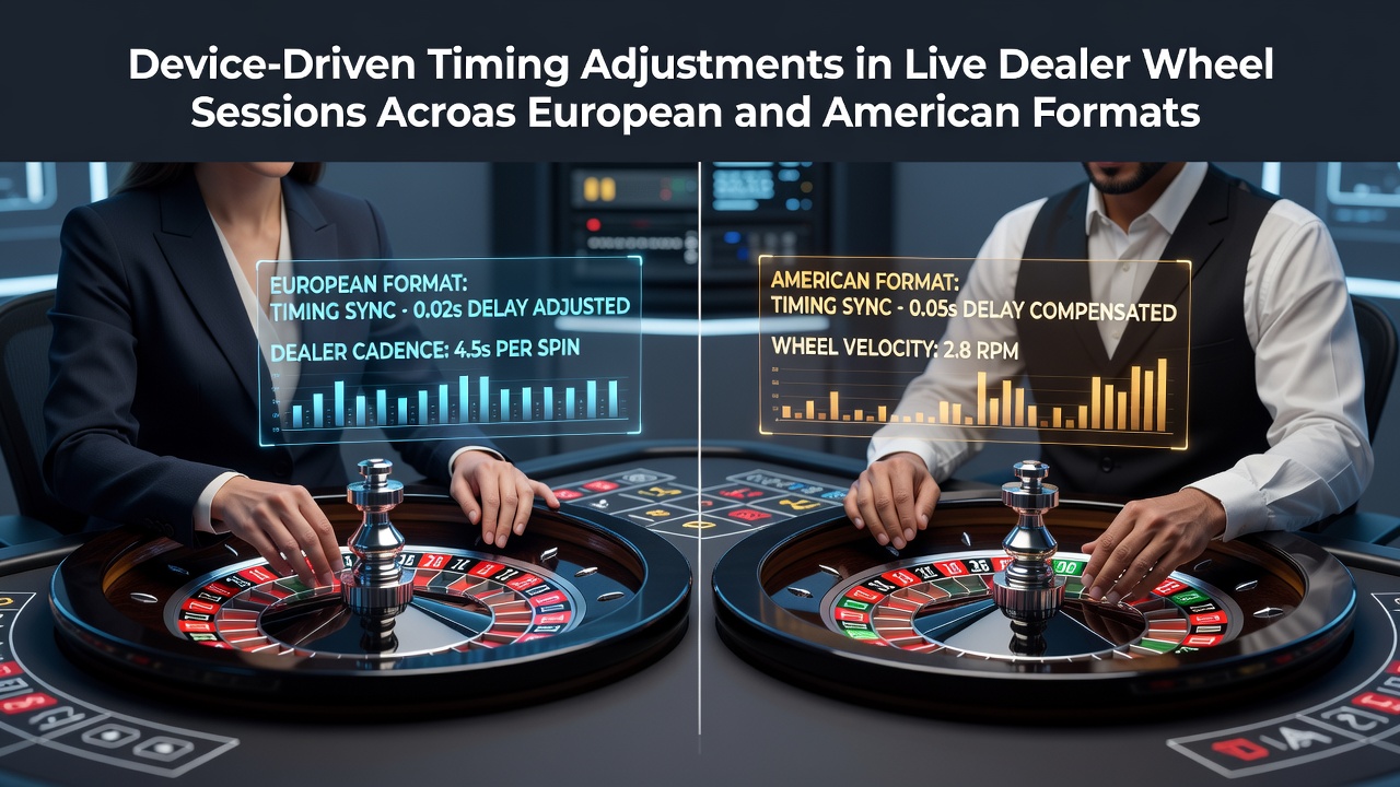 Live dealer roulette wheel with digital timing overlays on mobile device screens showing European and American formats