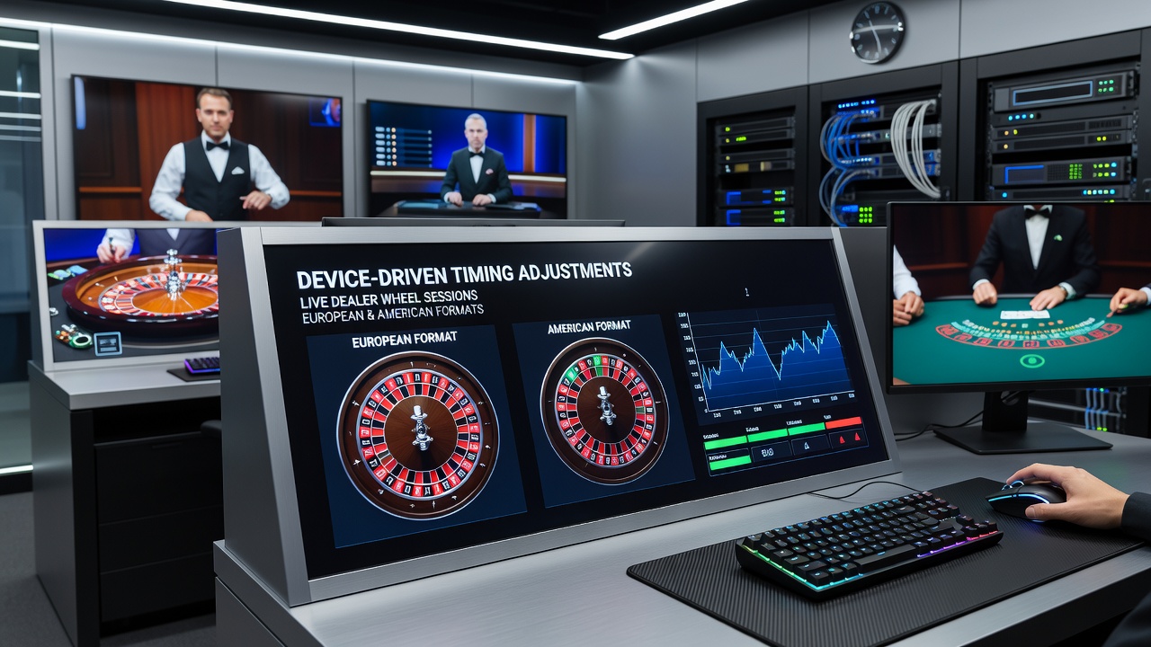 Close-up of timing adjustment interface displaying synchronization metrics between European single-zero and American double-zero live dealer sessions