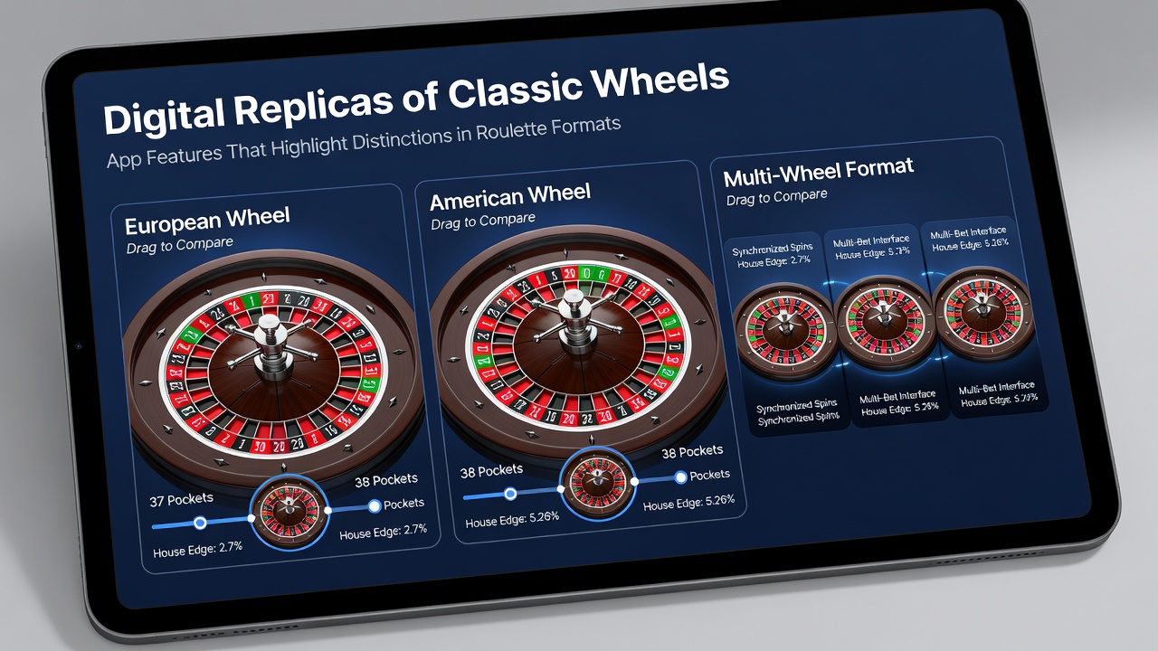 Split-screen mobile app display comparing European and American roulette wheel replicas with overlaid statistics and rule indicators