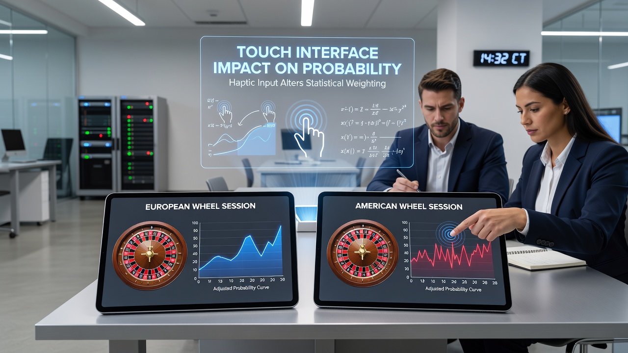 Split screen showing player interactions with European roulette on left and American roulette on right via touch controls on tablets