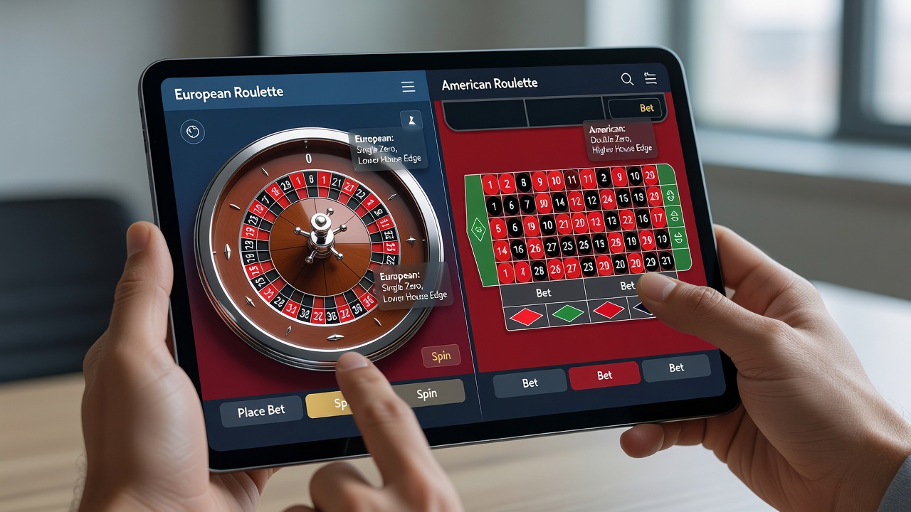 Close-up view of a mobile roulette app interface showing European and American wheel options side by side on a smartphone screen