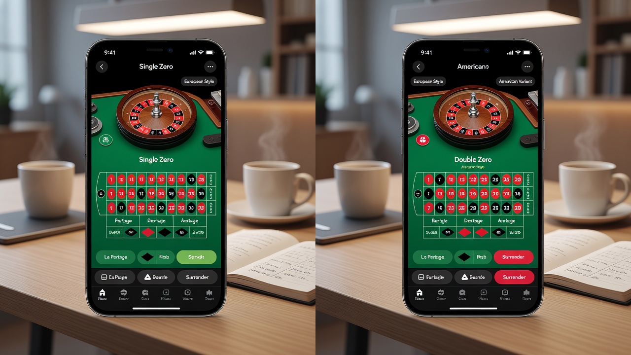 Smartphone displaying side-by-side comparison of betting grids for European and American roulette with touch interface highlights