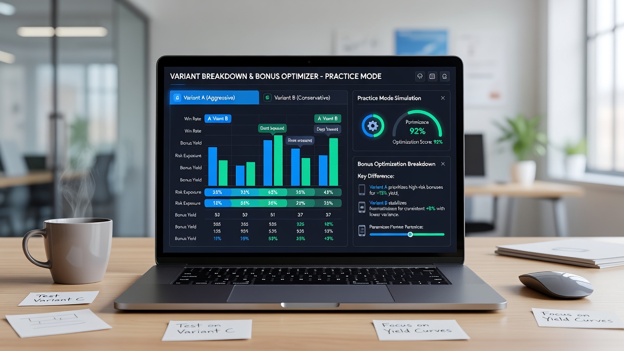 Close-up of practice mode dashboard showing bonus progress tracker alongside variant selector and statistical breakdown panels