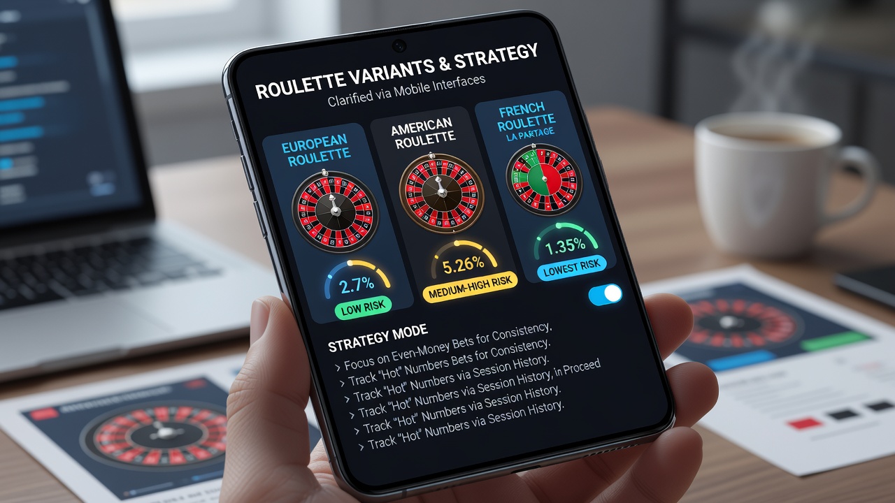 Mobile interface displaying European and American roulette variants side by side with rule highlights and wheel comparisons