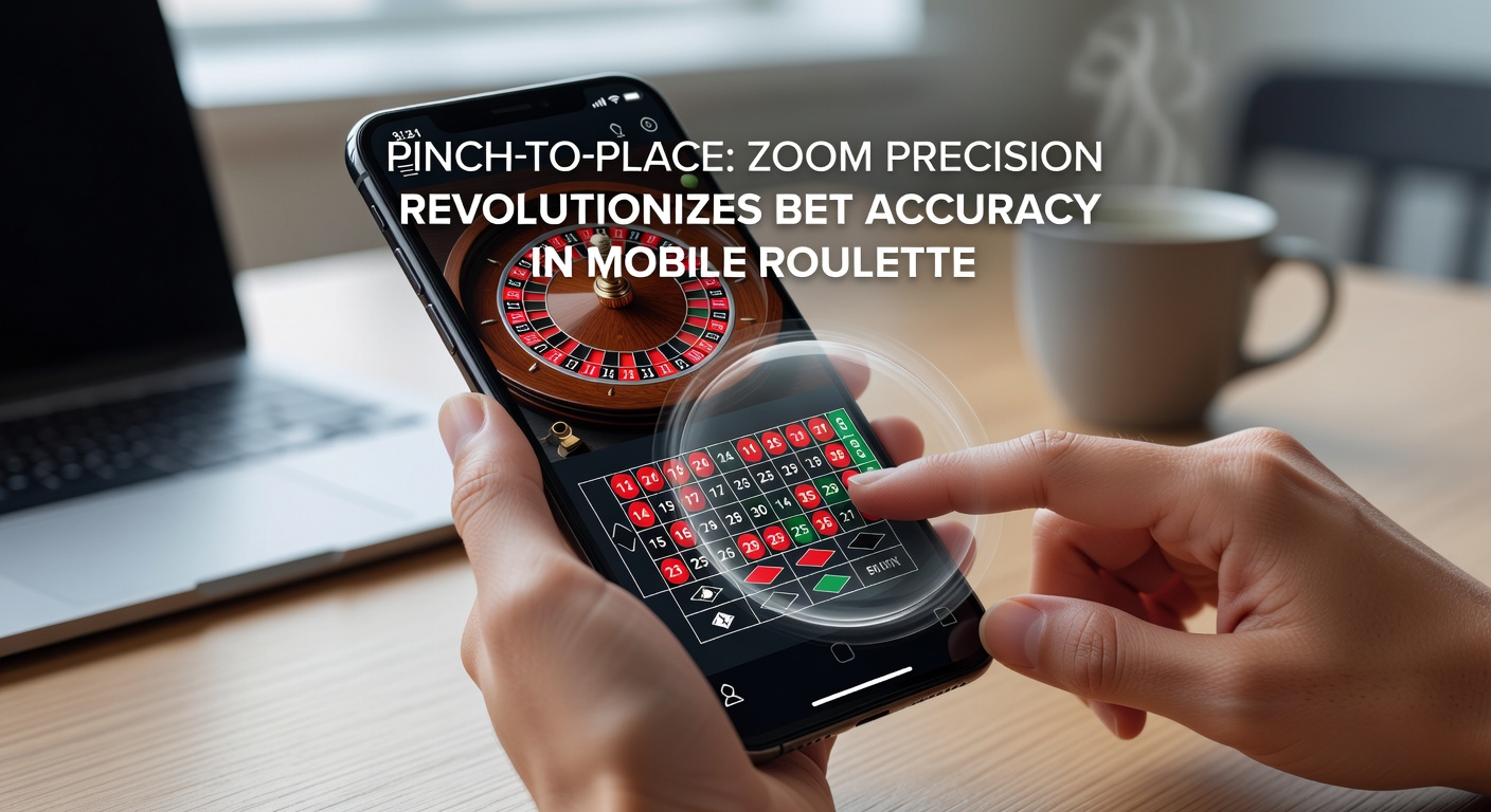 Player's hand gesture on smartphone screen demonstrating pinch-to-zoom on a roulette betting layout, with chips precisely placed on zoomed-in numbers