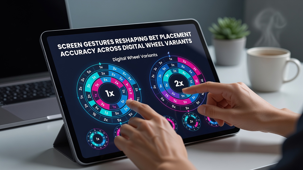 Close-up of a mobile device displaying a digital roulette wheel with gesture-based betting interface highlights