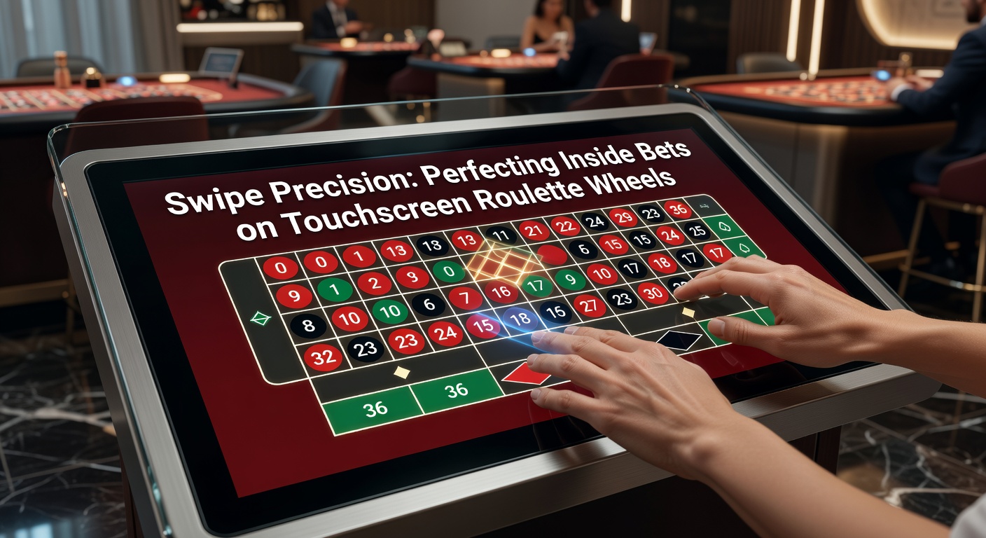 Smartphone screen showing a roulette bet grid with a finger mid-swipe placing a precise corner bet, surrounded by chip stacks and wheel animation