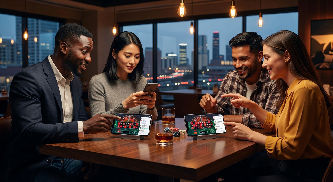 Group of mobile users coordinating community bets on roulette, with chat bubbles overlaying the wheel